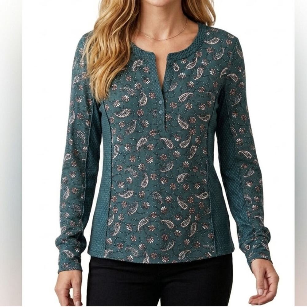DR2 Paisley Henley Top Womens Large Teal Mixed Print Long Sleeve Boho Tee